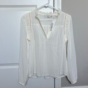 LOFT Cream Ruffle V-Neck Long Sleeve Blouse